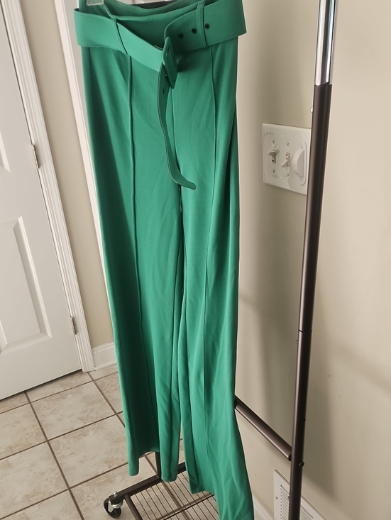 Pants - High-Waist Green Wide-Leg Pants with Belt